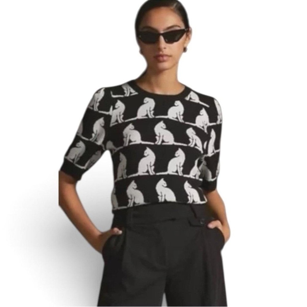 Maeve Jacquard Sweater Short Sleeve Shirt || NWOT || Size L || cat pattern!